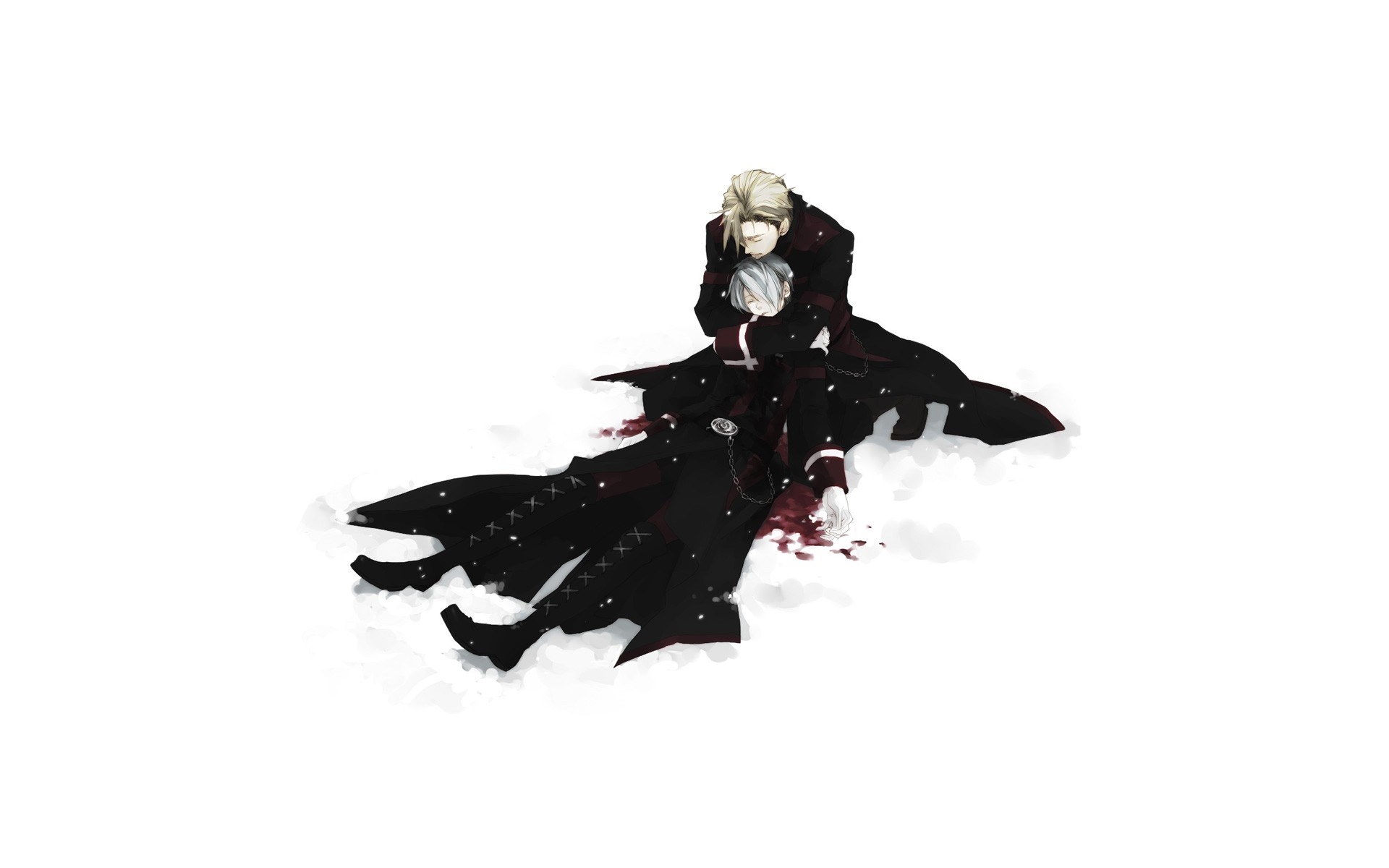 Two characters in a snowy embrace