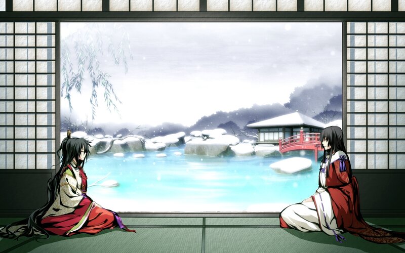Two characters in a snowy garden