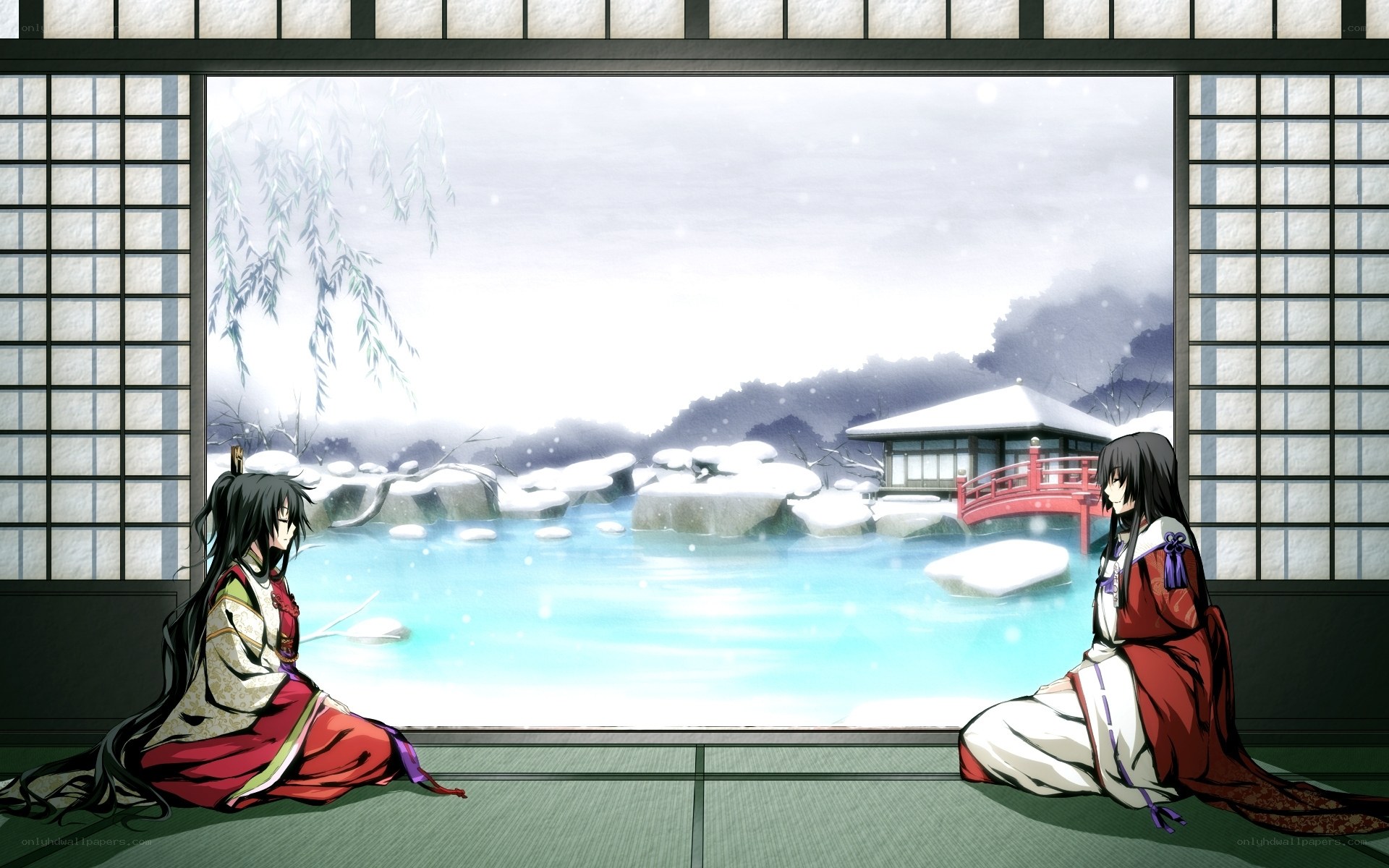 Two characters in a snowy garden