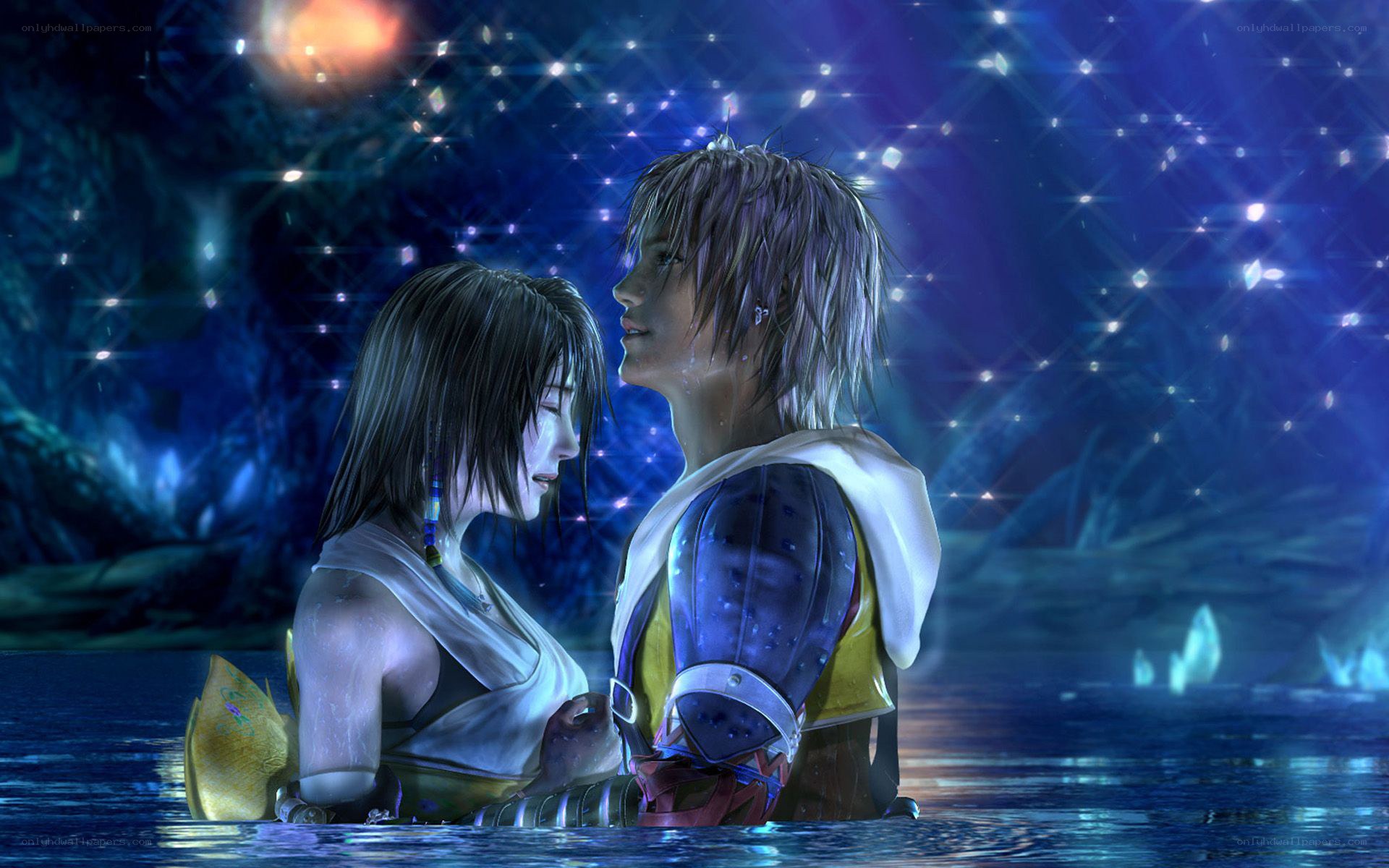 Two characters in a starlit water scene