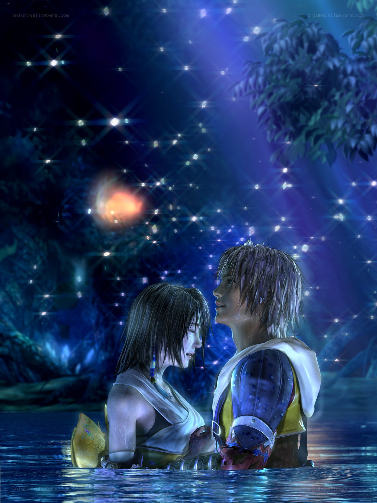 Two characters in a starlit water scene