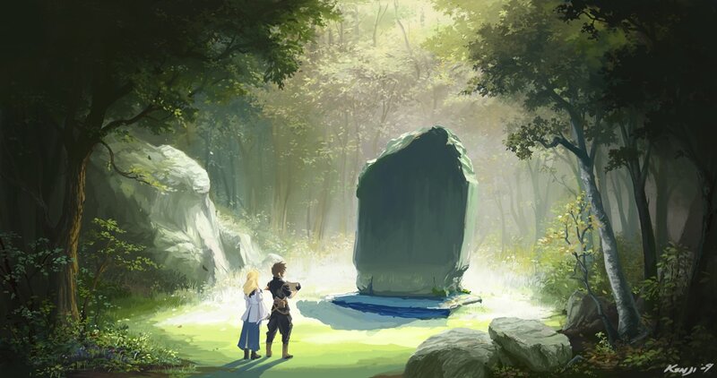 Two characters in a sunlit forest