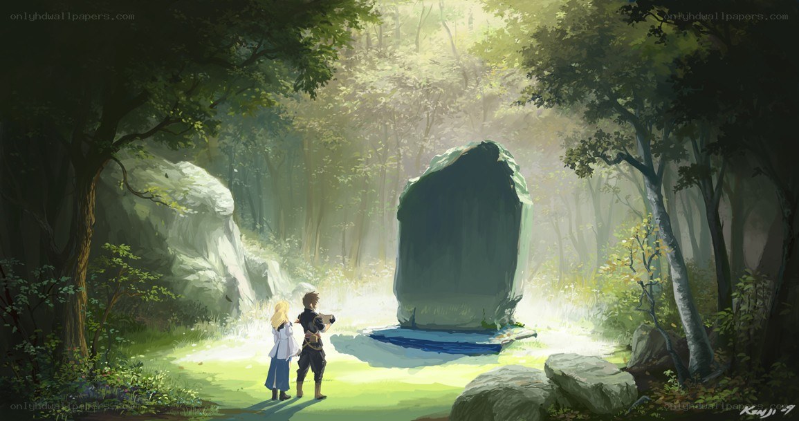 Two characters in a sunlit forest