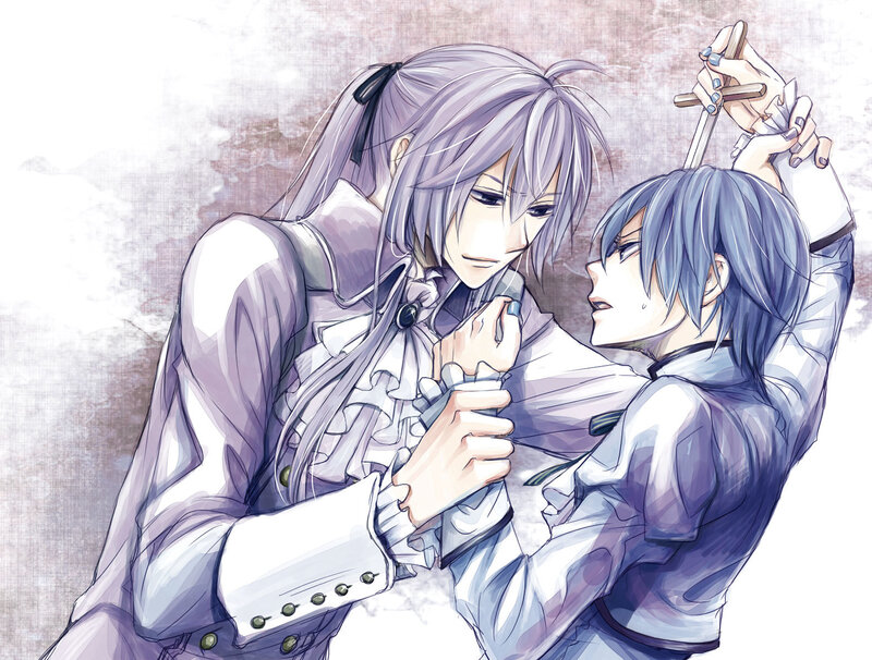 Two characters in a tense embrace