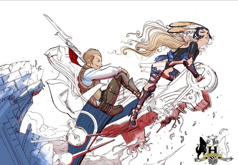 Two characters in action on a vehicle