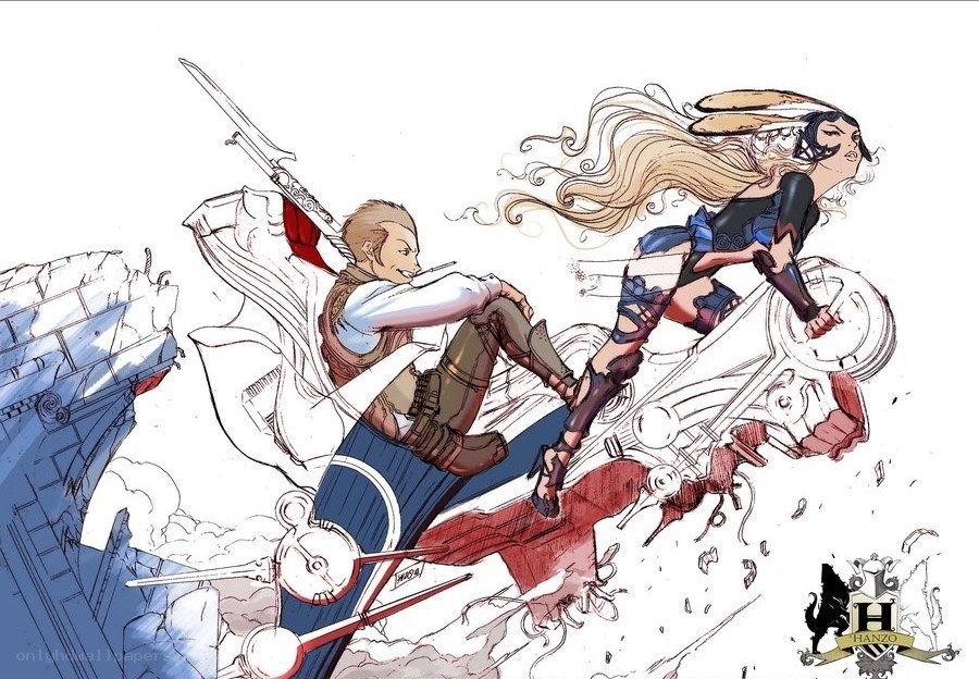 Two characters in action on a vehicle