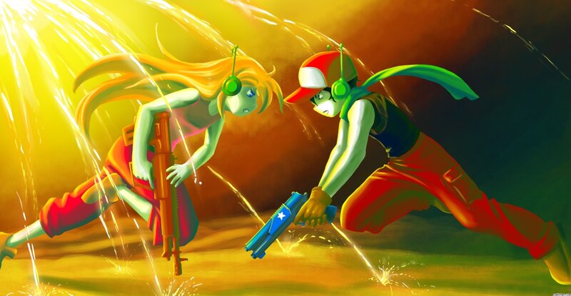 Two characters in action with guns
