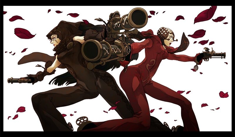 Two characters in action with weapons