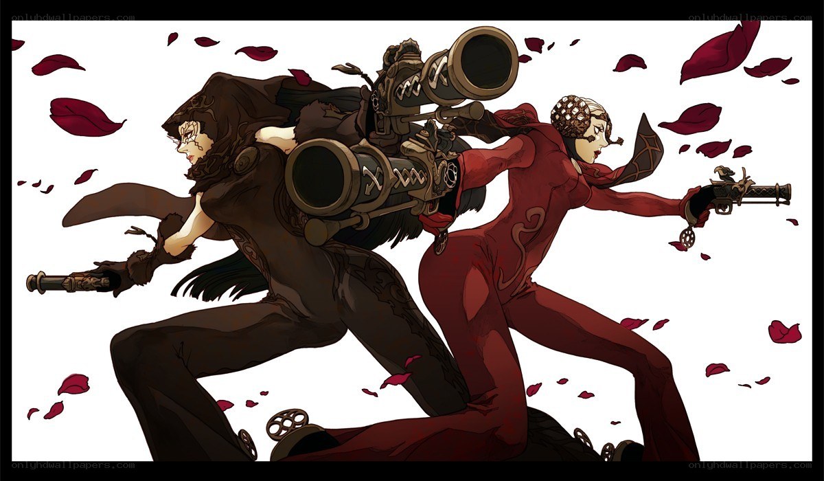 Two characters in action with weapons