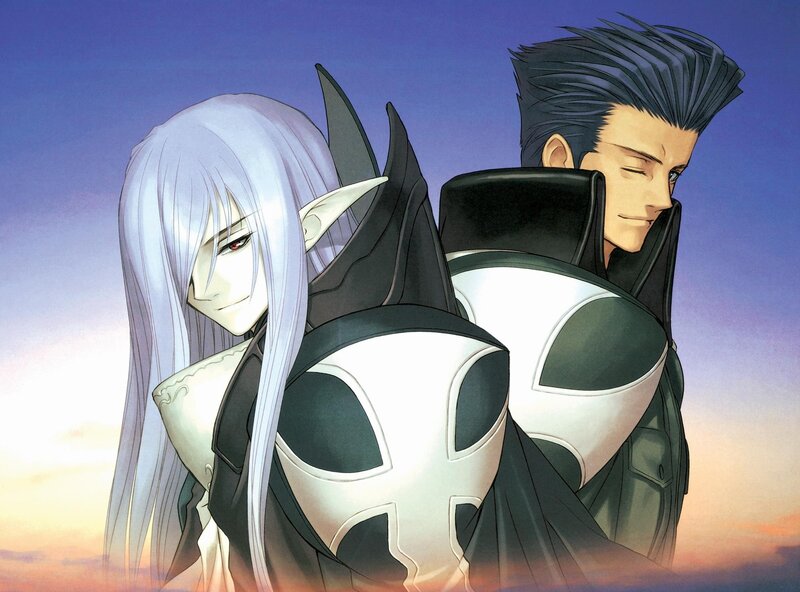 Two characters in armor at sunset