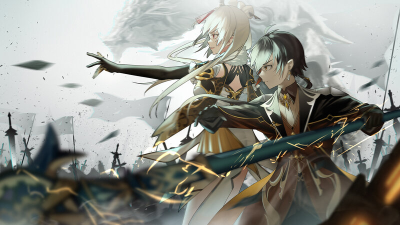 Two Characters in Battle — White, Dramatic, Digital Art