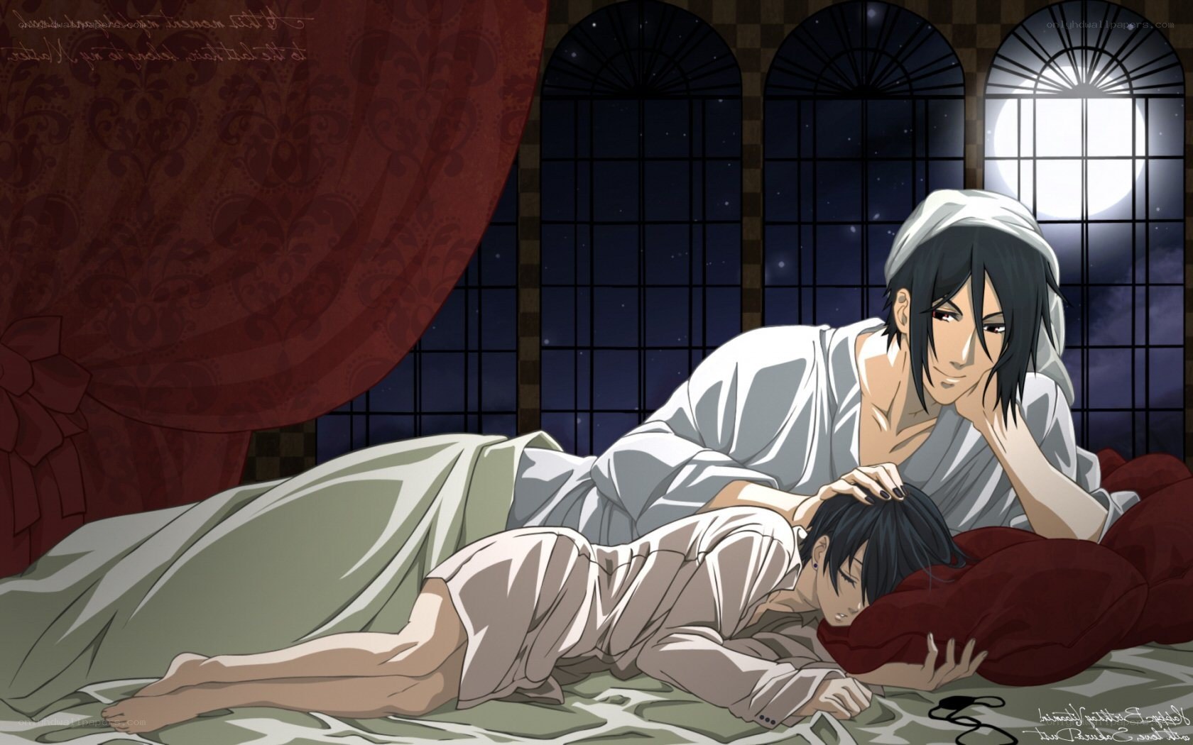 Two characters in bed at night