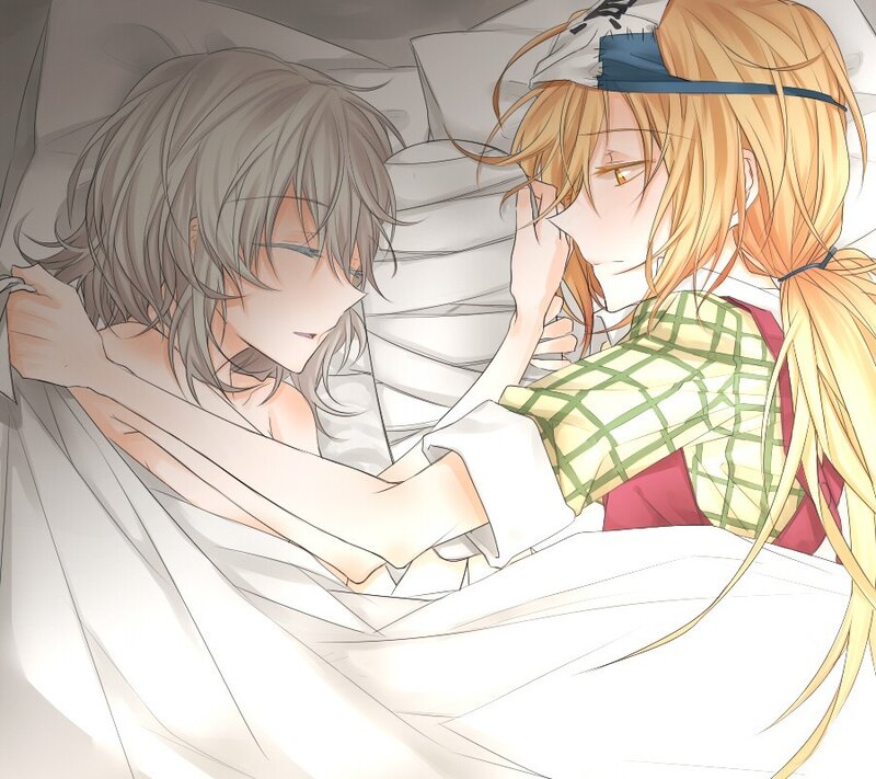 Two characters in bed together