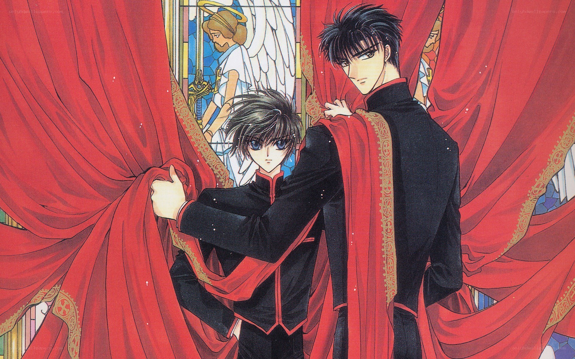 Two characters in black and red robes