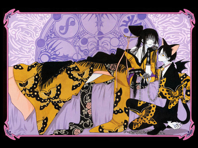 Two characters in butterfly-patterned outfits