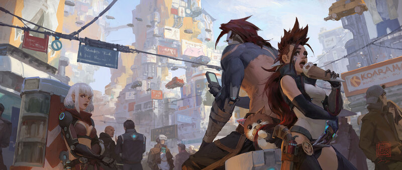 Two Characters in City — Blue, Dramatic, Afternoon