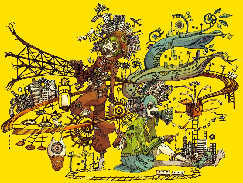 Two Characters in Cityscape — Yellow
