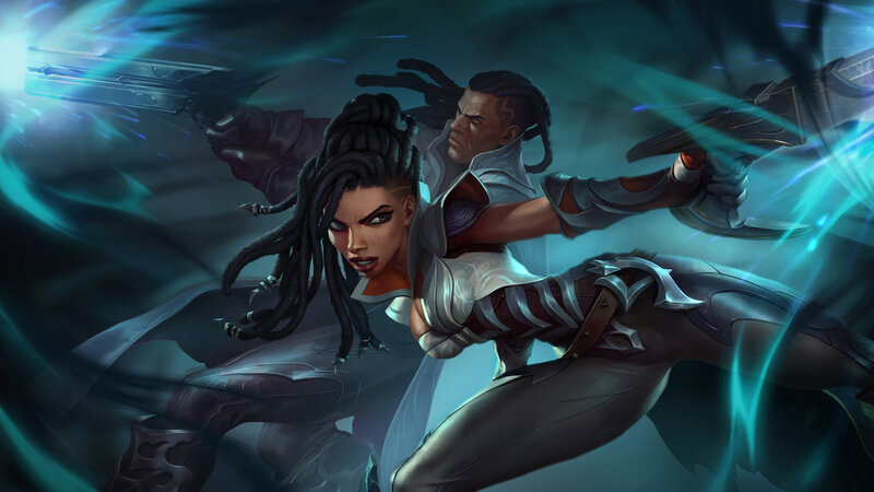 Two Characters in Combat — Blue, Dramatic, Digital Art, Guns, Energy Effects