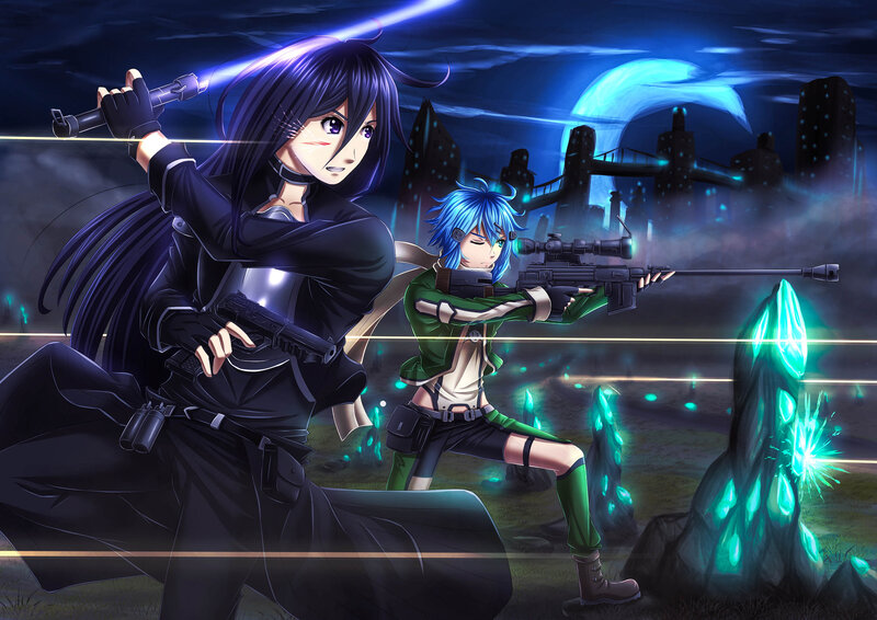 Two Characters in Combat — Blue, Dramatic, Night, Anime, Swords, Sniper Rifle
