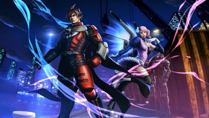 Two Characters in Combat — Blue, Dramatic, Night, Digital Art, City Skyline