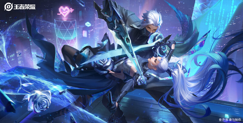 Two Characters in Combat — Blue, Dramatic, Night, Digital Art, Swords