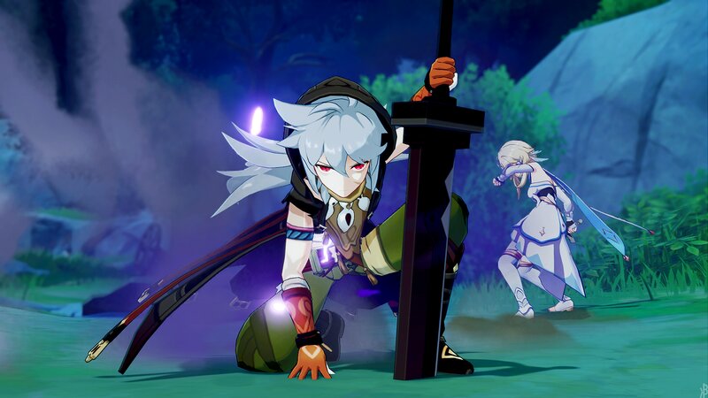 Two Characters in Combat — Green, Dramatic, Night, Anime