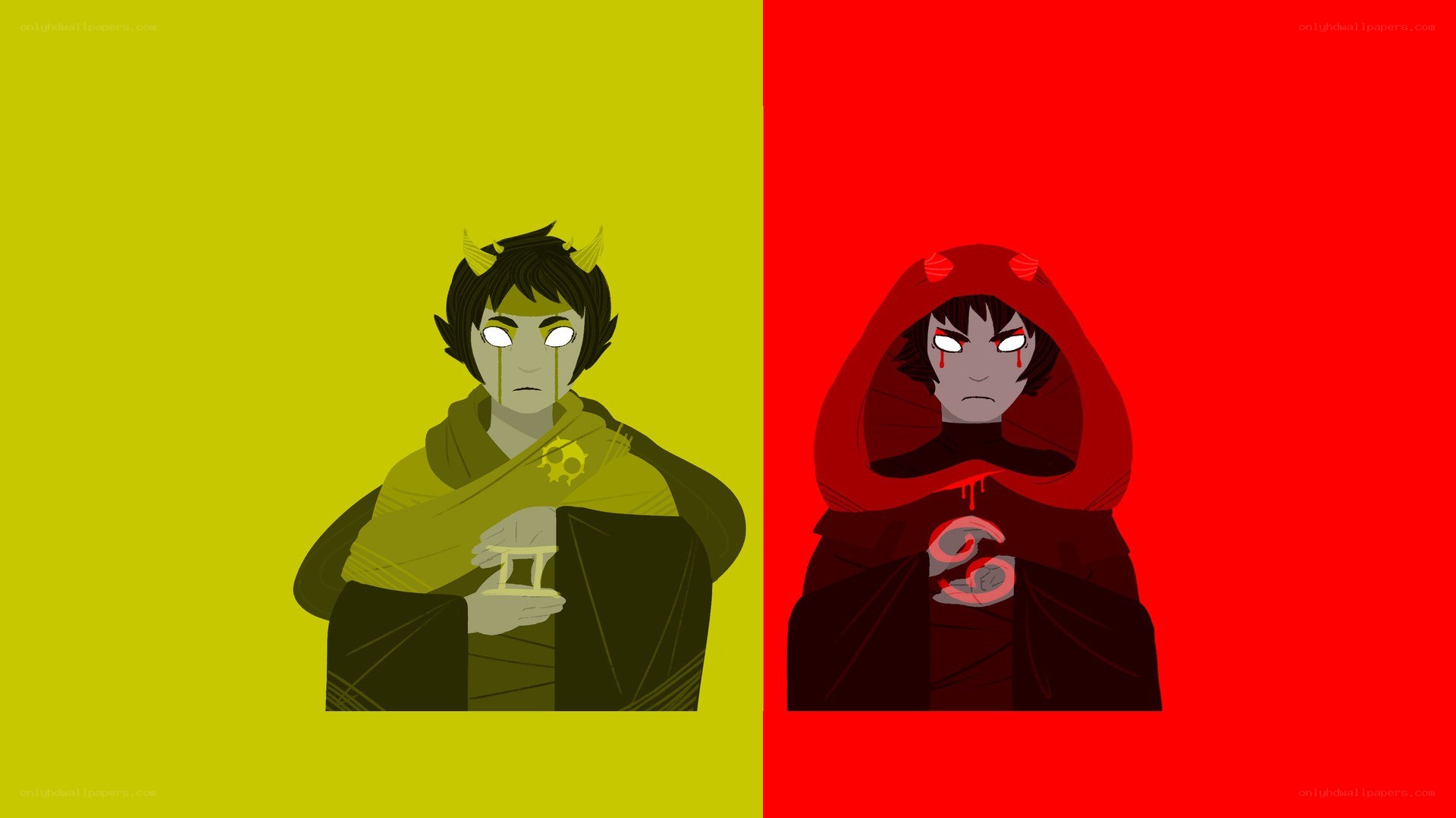 two characters in contrasting colors