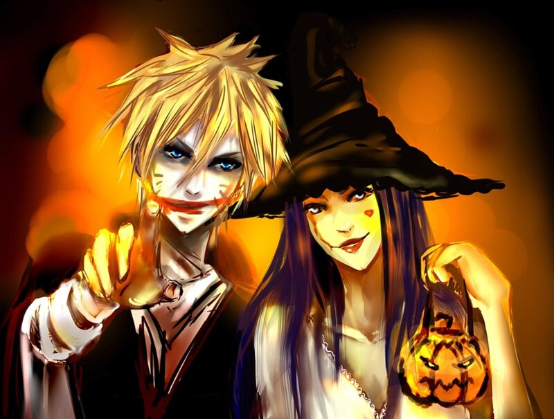Two Characters in Costumes — Orange, Dramatic