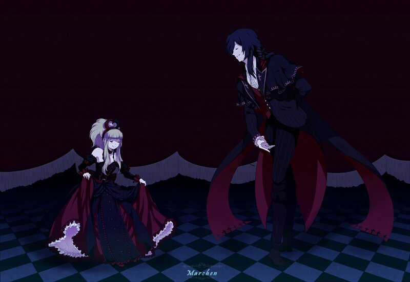 Two characters in dark dresses