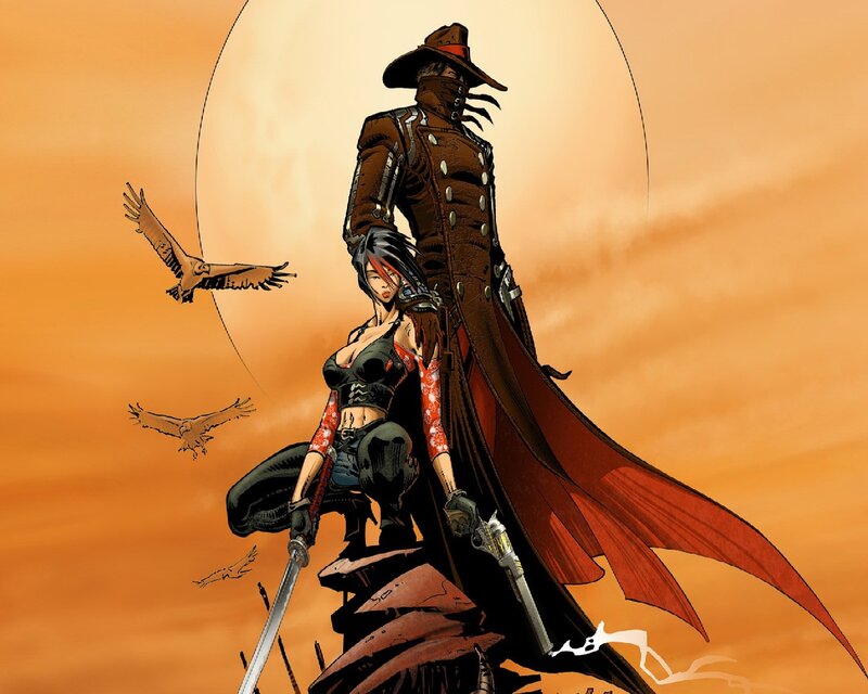 Two Characters in Desert — Orange, Dramatic