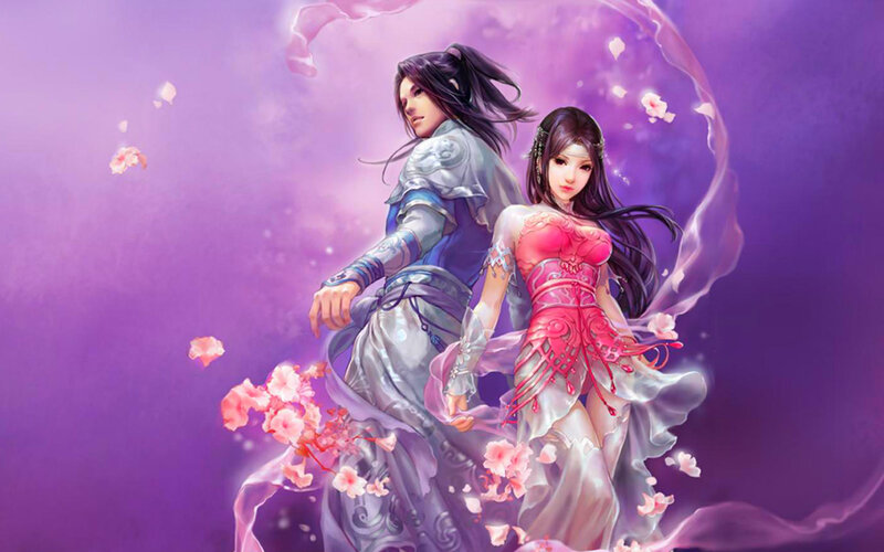 Two Characters in Fantasy Attire — Purple, Serene