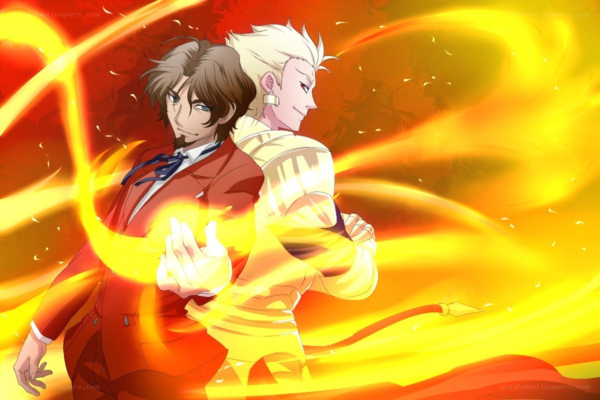 Two characters in fiery battle