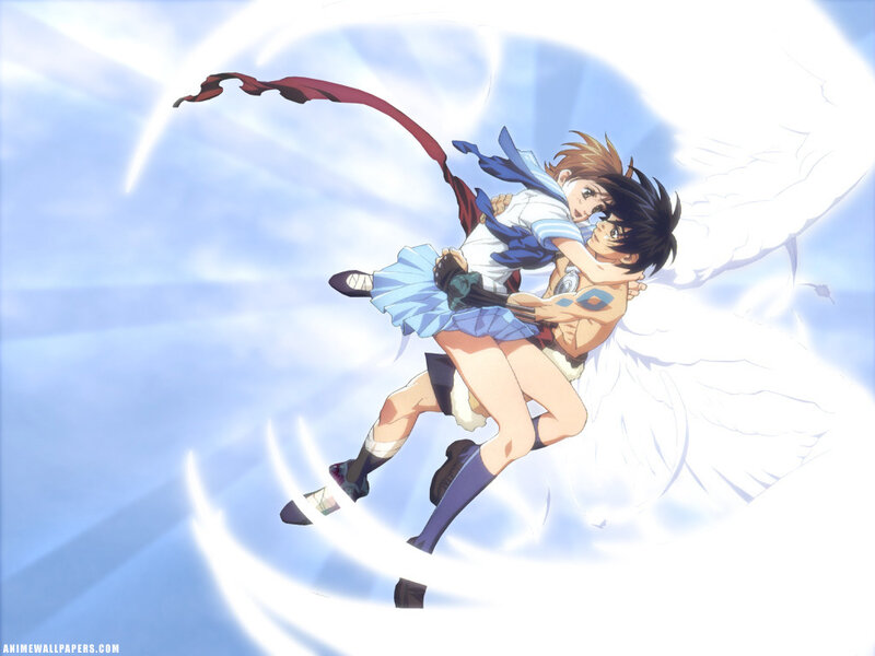 Two Characters in Flight — Blue, Dramatic, Anime, Wings, Ribbon