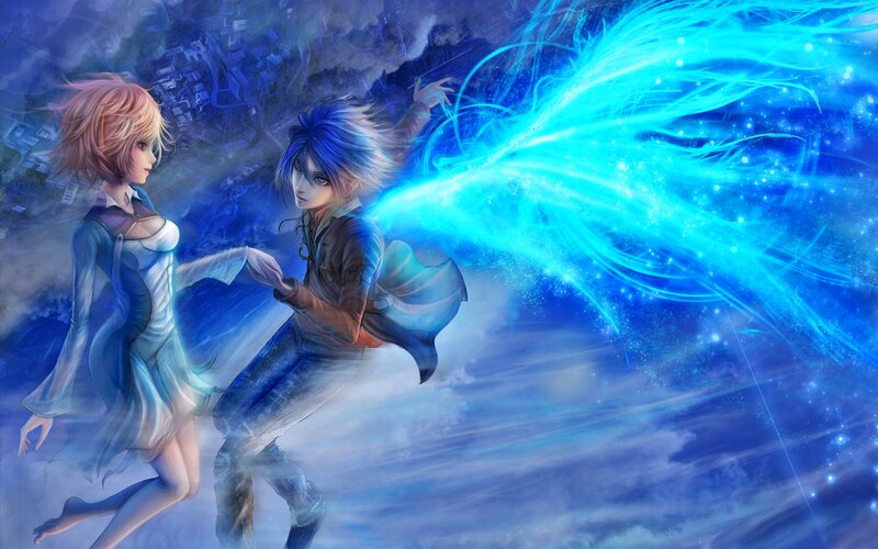 Two Characters in Flight — Blue, Dramatic