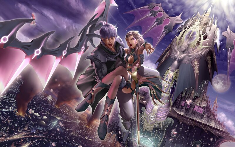 Two Characters in Flight — Purple, Dramatic