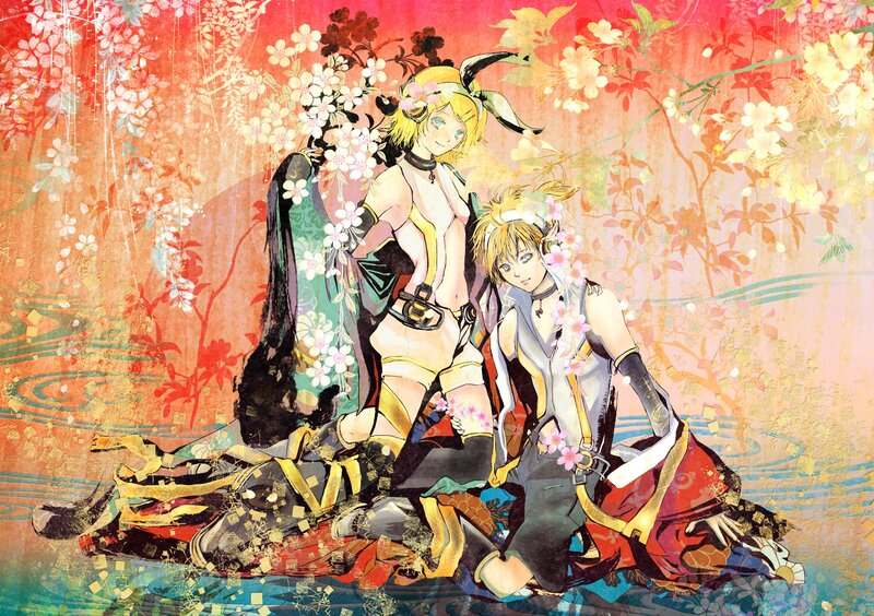 Two characters in floral setting