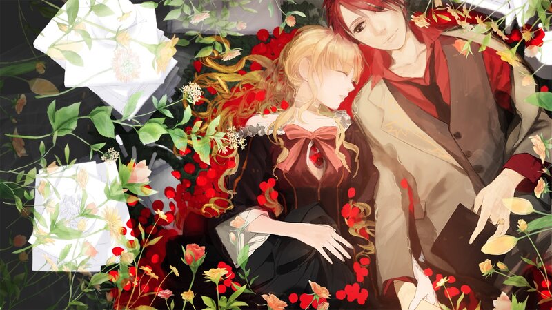 Two Characters in Flowers — Red, Serene