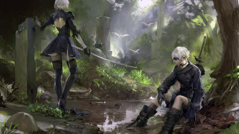 Two Characters in Forest — Green, Dramatic, Afternoon