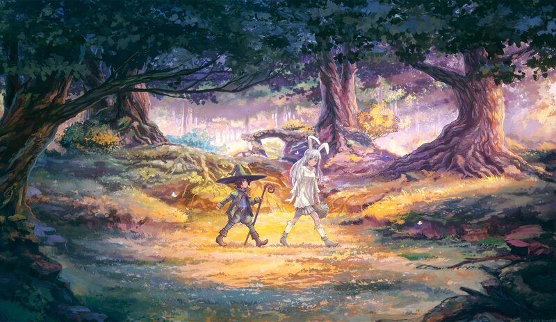 Two Characters in Forest — Green, Serene