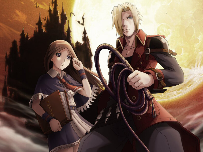 Two characters in front of a castle