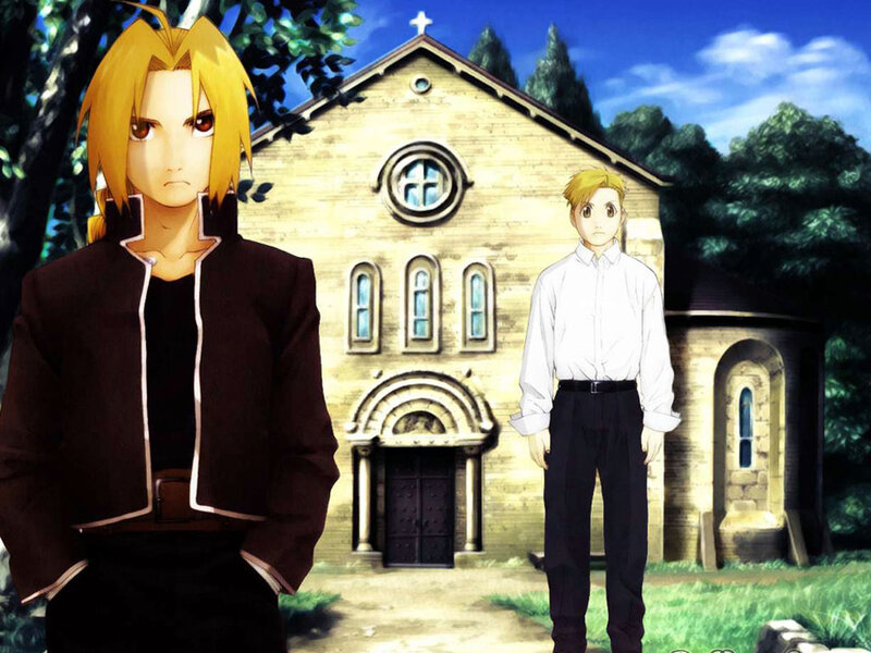 Two characters in front of a church