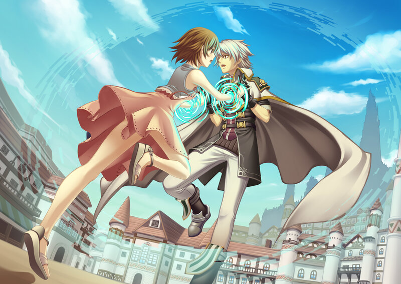 Two Characters in Mid-air — Blue