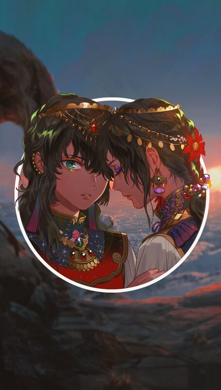 Two Characters in Ornate Attire — Red