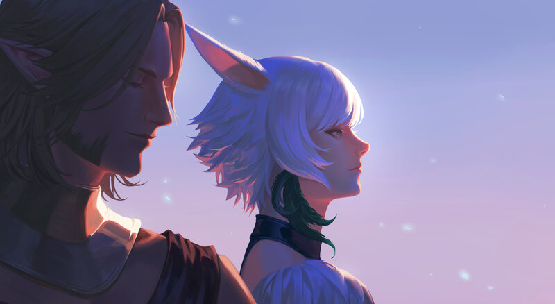 Two Characters in Profile — Purple, Serene