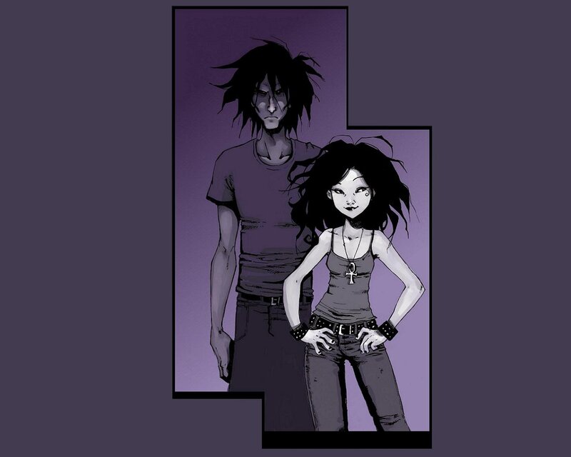 two characters in purple