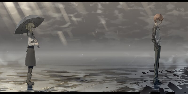 Two Characters in Rain — Gray