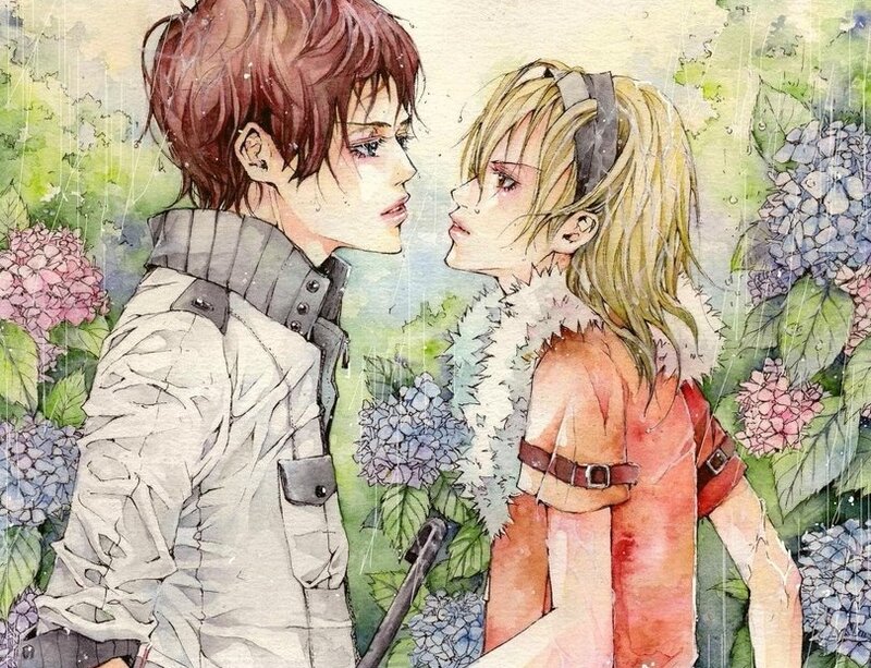 Two Characters in Rain — Green