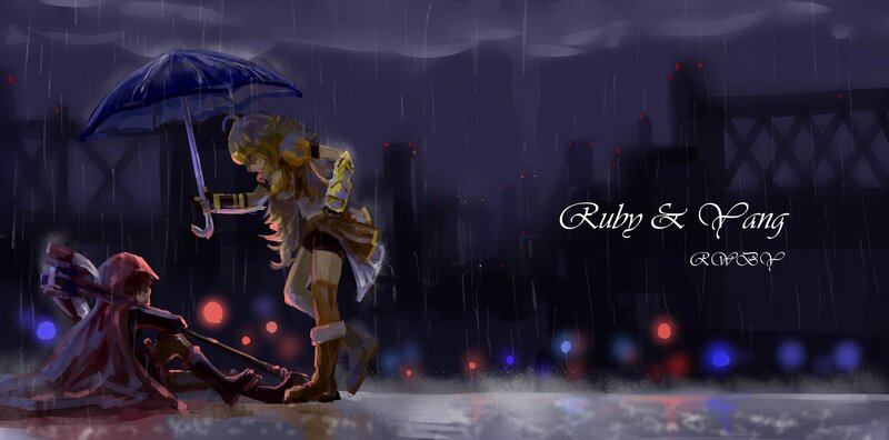 Two Characters in Rain — Purple, Dramatic, Night