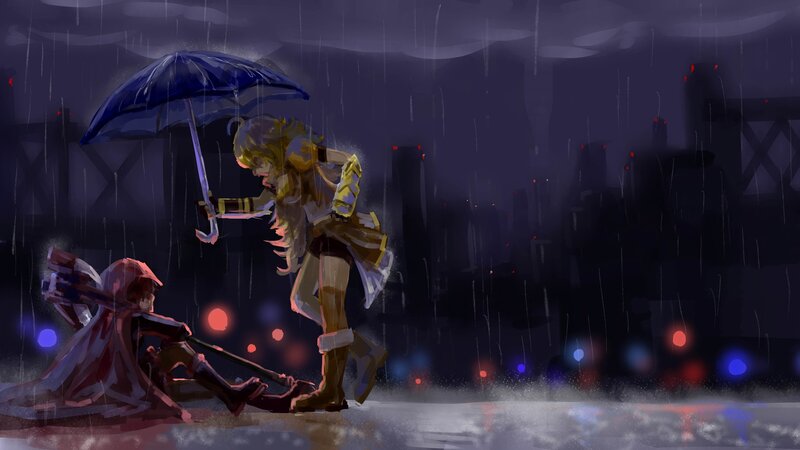Two Characters in Rain — Purple, Dramatic