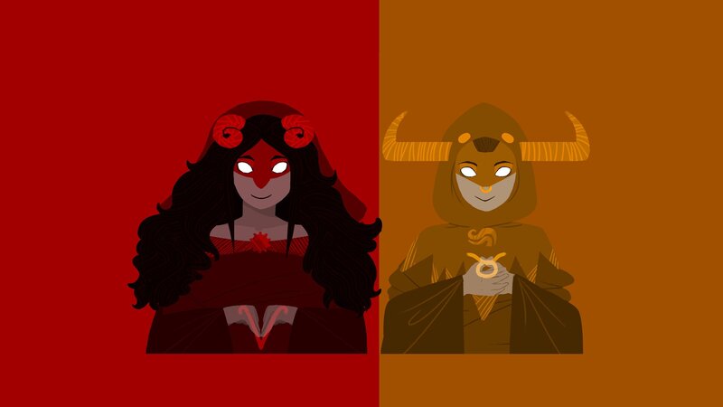 two characters in red and brown